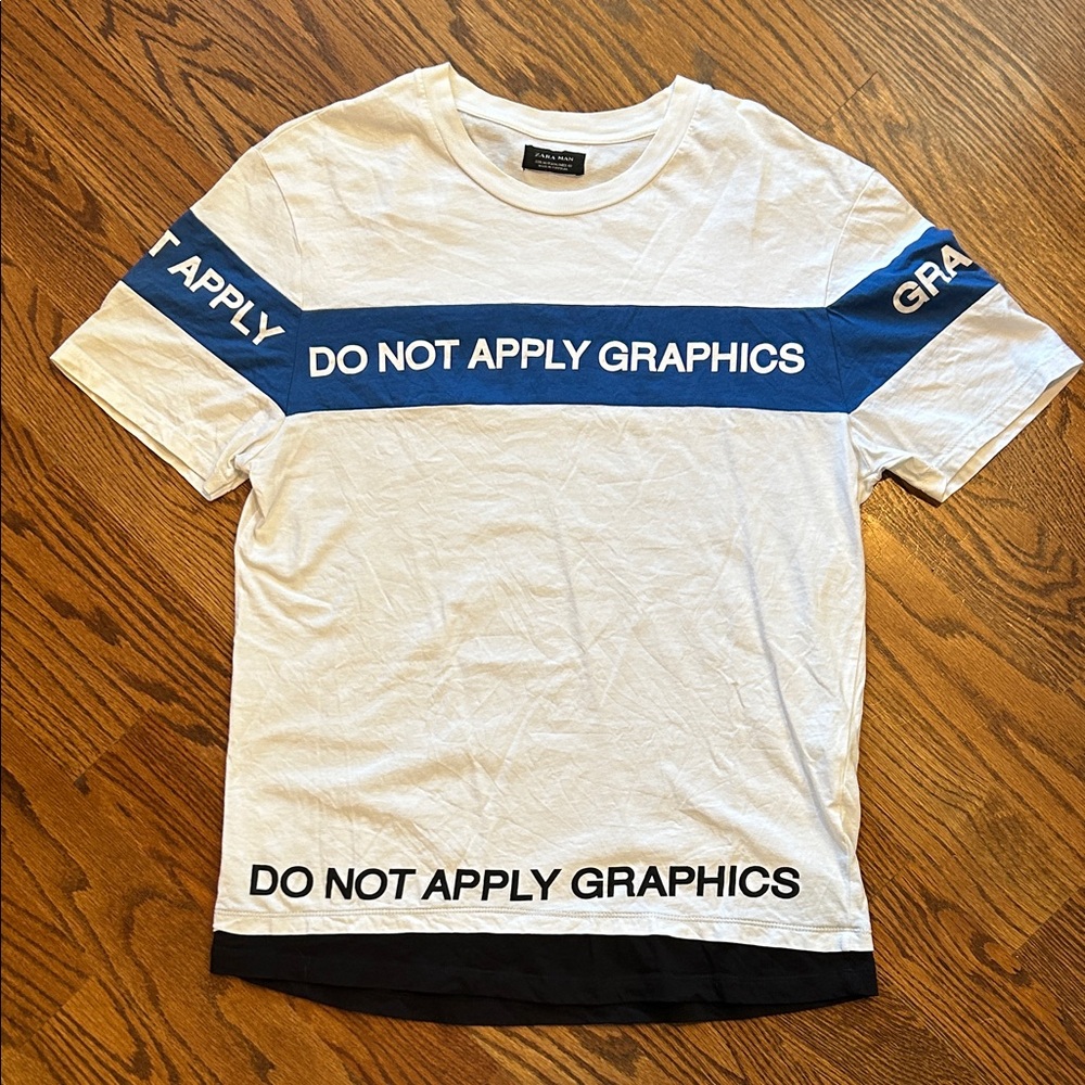Zara White and Blue Statement Tee, Do Not Apply Graphics, M, 100% cotton
